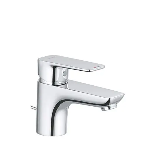 Waschtischarmatur aus chrom mit einhebelbedienung und Metallablauf, hergestellt von Kludi. Der Wasserfluss wird durch einen Hebel gesteuert.